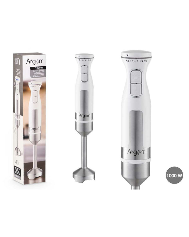 Argon Handblender in white steel with 1000W power, compact electric kitchen appliance for blending and mixing.