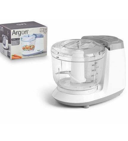 Argon Maalmachine in wit and grijs with transparent and silver accents, 400 ml capacity, 350W, made of stainless steel and plastic.