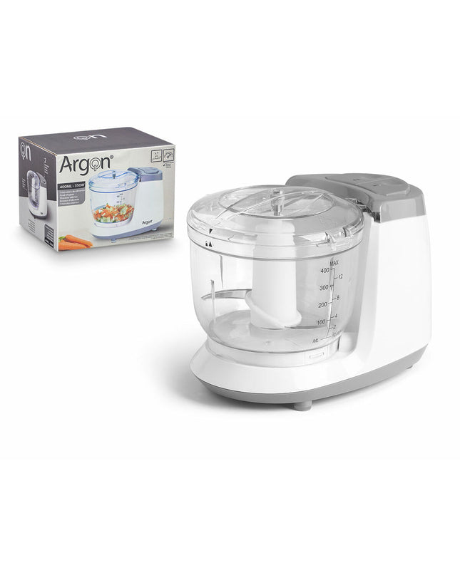 Argon Maalmachine in wit and grijs with transparent and silver accents, 400 ml capacity, 350W, made of stainless steel and plastic.