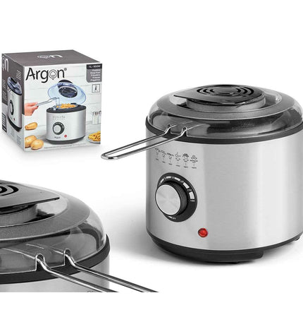 Black Argon deep fryer with transparent lid, 1L capacity, silver accents, 950W for home kitchen use.