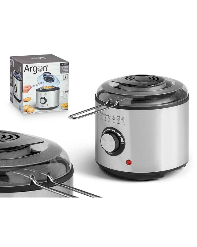 Black Argon deep fryer with transparent lid, 1L capacity, silver accents, 950W for home kitchen use.
