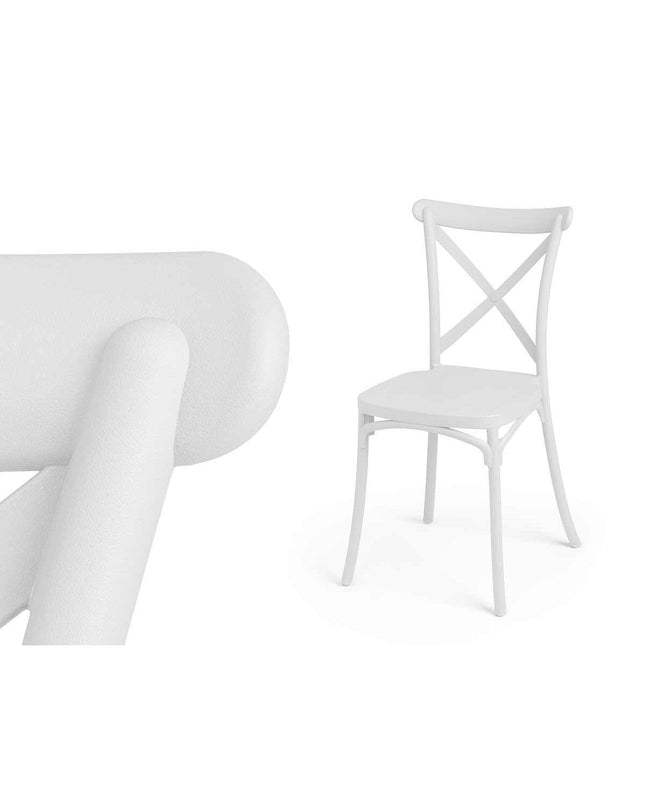 Gift Decor white polypropyleen chair with crossed legs, dimensions 44x82.5x46 cm, suitable for home and kitchen furniture.