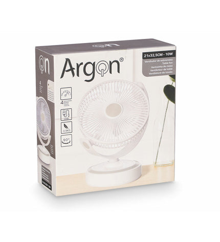 Argon Tafelventilator in wit, compact portable fan for home cooling, measuring 21x28x32.5 cm, perfect for desk or small spaces