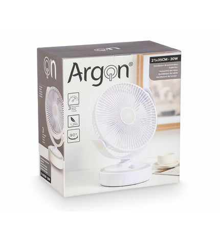Argon Tafelventilator in wit, compact portable fan for home cooling, with 30W power and dimensions 21x28x32.5 cm.
