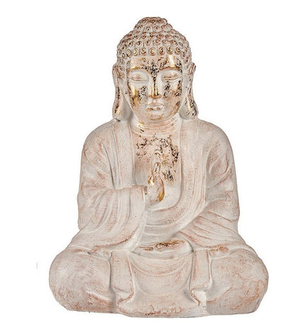 Decorative outdoor garden figure by Ibergarden, white and gold Buddha statue in polyresin, measuring 23.5 x 49 x 36 cm.