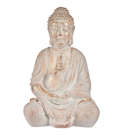 Decoratieve tuinfiguur van Ibergarden, boeddha in wit en goudkleurig polyresin, buiten tuin decoratie, 24.5 x 50 x 31.8 cm
