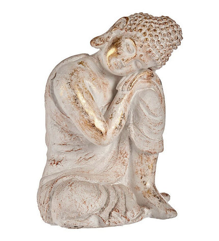 Ibergarden decorative outdoor garden figure of a white and gold Buddha made from polyresin, measuring 28.5x43.5x37 cm.