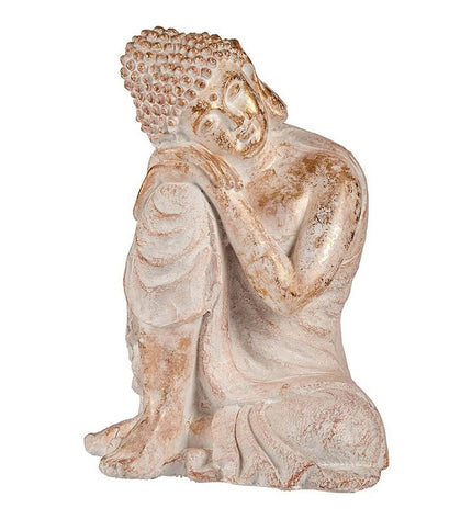 Ibergarden decorative outdoor garden figure of a white and gold Buddha statue in polyresin, measuring 35.5 x 54.5 x 42 cm.