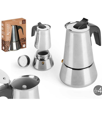 Kinvara Italiaanse koffiepot in zwart zilverkleurig staal with plastic handle, designed for brewing 4 cups of coffee.