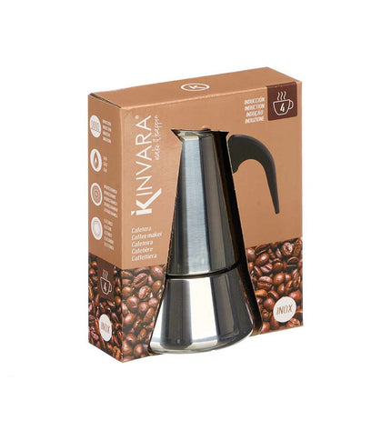 Kinvara Italiaanse koffiepot in zwart zilverkleurig staal with plastic handle, 4 cups for brewing coffee at home.