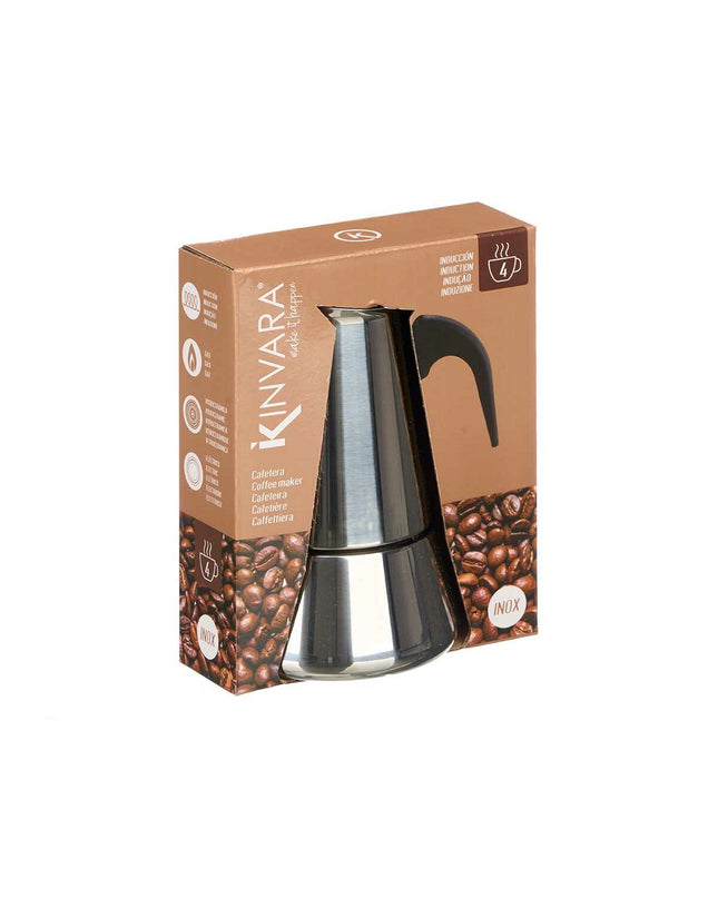 Kinvara Italiaanse koffiepot in zwart zilverkleurig staal with plastic handle, 4 cups for brewing coffee at home.