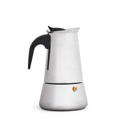 Kinvara Italiaanse koffiepot in zwart zilverkleurig staal with plastic handle, 4-cup capacity for brewing espresso-style coffee.