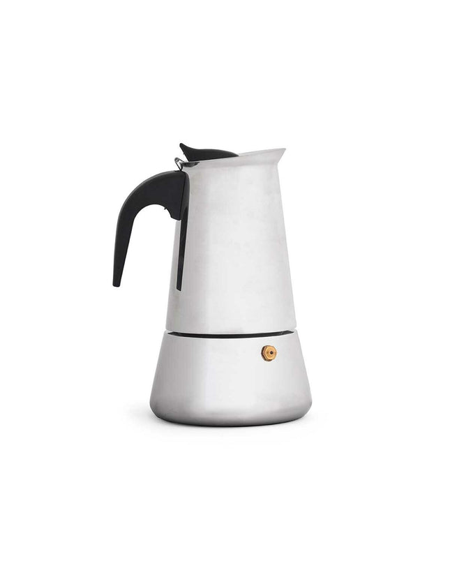 Kinvara Italiaanse koffiepot in zwart zilverkleurig staal with plastic handle, 4-cup capacity for brewing espresso-style coffee.