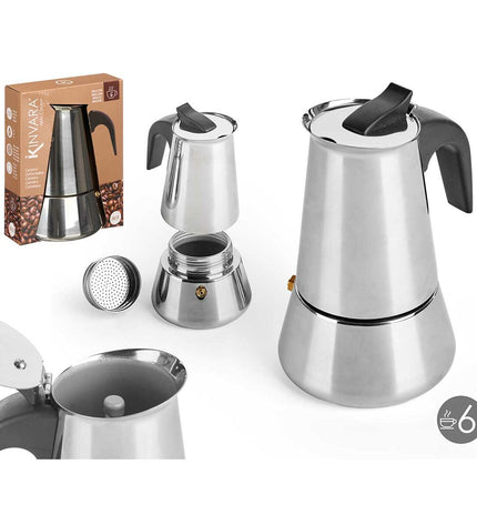 Kinvara zwarte Italiaanse koffiepot in zilverkleurig staal with plastic handle, 6 kopjes, perfect voor huis en koken.