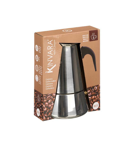 Kinvara zwarte Italiaanse koffiepot in zilverkleurig staal met plastic handvat, 6 kopjes voor huis en koken.