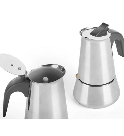 Kinvara Italian coffee pot in black silver steel with plastic handle, 9-cup capacity, suitable for brewing traditional espresso-style coffee.