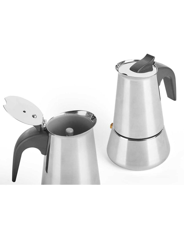 Kinvara Italian coffee pot in black silver steel with plastic handle, 9-cup capacity, suitable for brewing traditional espresso-style coffee.
