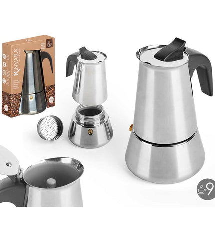 Kinvara Italiaanse koffiemok pot in zwart zilverkleurig staal with plastic handle, 9 cups, for brewing authentic coffee.