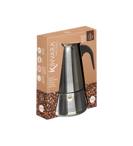 Kinvara zwarte Italiaanse koffiepot in zilverkleurig staal en plastic, 9 kopjes, geschikt voor huis en koken, koffie en thee.