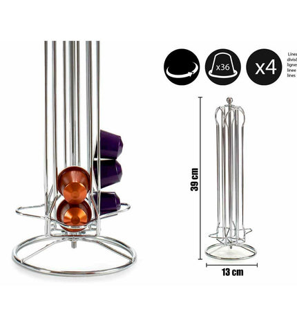 Kinvara silver coffee capsule holder for 36 Nespresso capsules, rotating metal storage container, 13x39x13 cm.