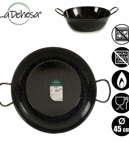 La Dehesa zwarte geëmailleerde diepe pan met handvat, geschikt voor koken en huisgebruik, gemaakt van staal.