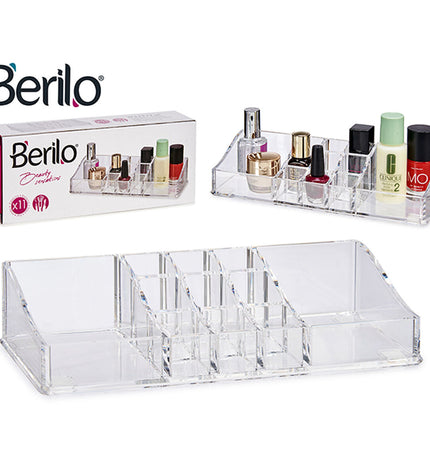 Berilo transparent make-up organizer for bathroom, 9x4.5x22.7 cm, with multiple compartments for cosmetics and toiletries.