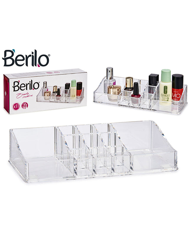 Berilo transparent make-up organizer for bathroom, 9x4.5x22.7 cm, with multiple compartments for cosmetics and toiletries.