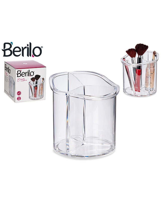 Berilo makeup organizer for bathroom, 15x15x15.5 cm, compact storage bin with multiple compartments for cosmetics and toiletries.
