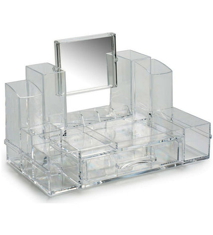 Berilo transparent glass make-up organizer with multiple compartments for bathroom storage, measuring 15.5 x 19.5 x 30 cm.