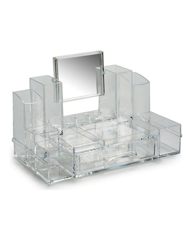 Berilo transparent glass make-up organizer with multiple compartments for bathroom storage, measuring 15.5 x 19.5 x 30 cm.