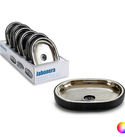 Silver stainless steel soap dish with plastic base, 9.5 x 2.5 x 13 cm, suitable for bathroom and kitchen use.