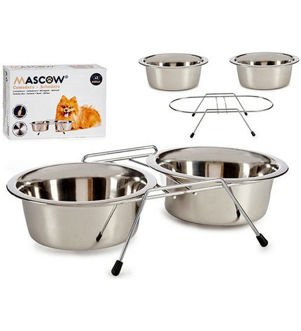 Mascow zilverkleurige roestvrijstalen dierenvoederbak voor kleine dieren, dubbel, 800 ml capaciteit, 34,5 cm hoog