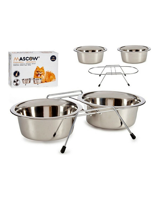 Mascow zilverkleurige roestvrijstalen dierenvoederbak voor kleine dieren, dubbel, 800 ml capaciteit, 34,5 cm hoog