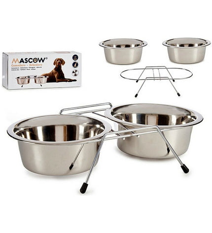 Mascow zilverkleurige roestvrijstalen dierenvoederbak voor kleine dieren, dubbel, 2,6L, 24,5 x 11 x 52,5 cm en 25 x 7,5 x 50 cm