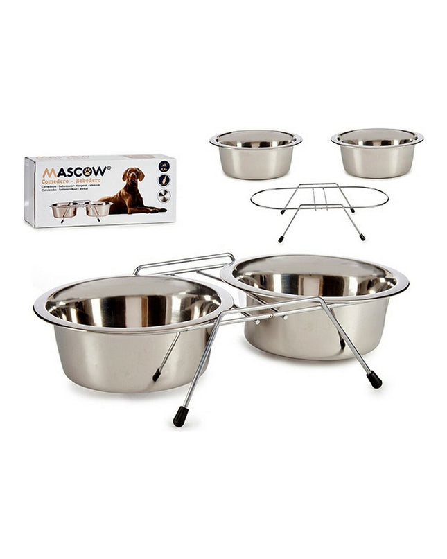 Mascow zilverkleurige roestvrijstalen dierenvoederbak voor kleine dieren, dubbel, 2,6L, 24,5 x 11 x 52,5 cm en 25 x 7,5 x 50 cm