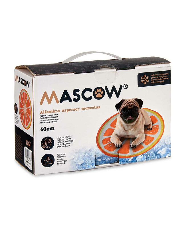 Mascow pet mat for dogs in yellow and orange, 59x59 cm, showing soft fabric and vibrant colors for comfortable pet resting.