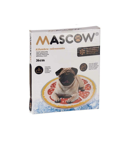 Yellow and orange dog mat from Mascow, 35x35 cm, soft pet bedding with colorful design for comfort and style.