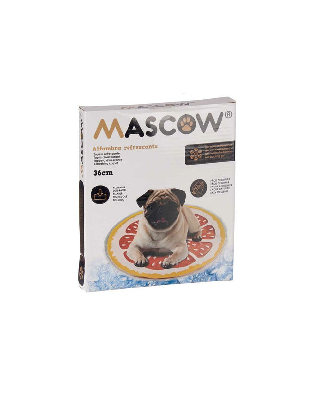 Yellow and orange dog mat from Mascow, 35x35 cm, soft pet bedding with colorful design for comfort and style.