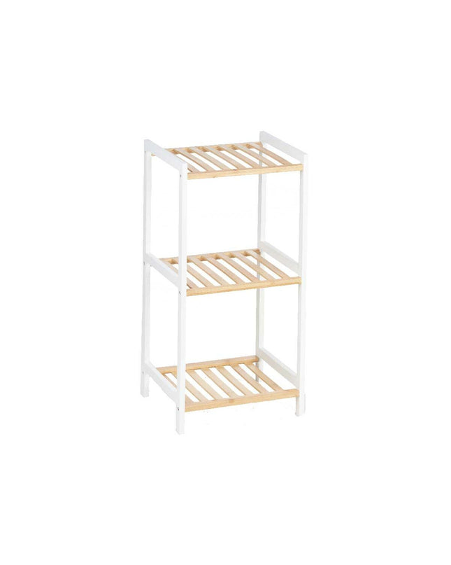 Berilo white bathroom cabinet with natural finish, 35 x 30 x 70 cm, shown in a modern bathroom setting.