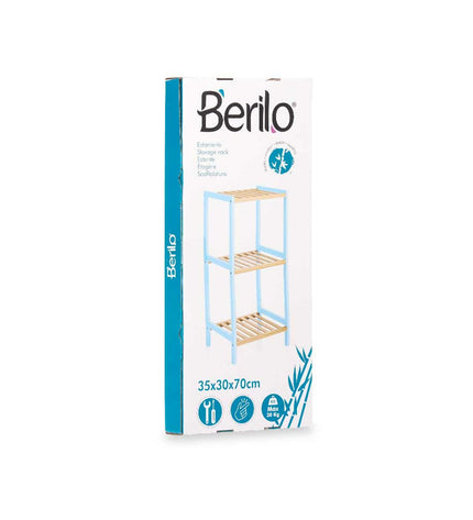 Berilo blauw badkamerkastje in hout, 35x30x70 cm, modern design with natural finish for bathroom storage.