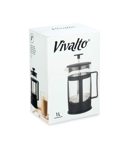 Kinvara Theepot in zwart transparant with piston, 1-liter capacity, showcasing a modern teapot design for home and tea brewing.