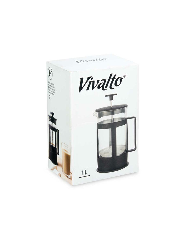 Kinvara Theepot in zwart transparant with piston, 1-liter capacity, showcasing a modern teapot design for home and tea brewing.