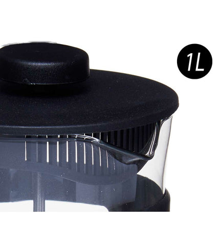 Kinvara black transparent teapot with piston, 1L capacity, shown with dimensions 14x20x11 cm, ideal for home brewing tea and coffee.