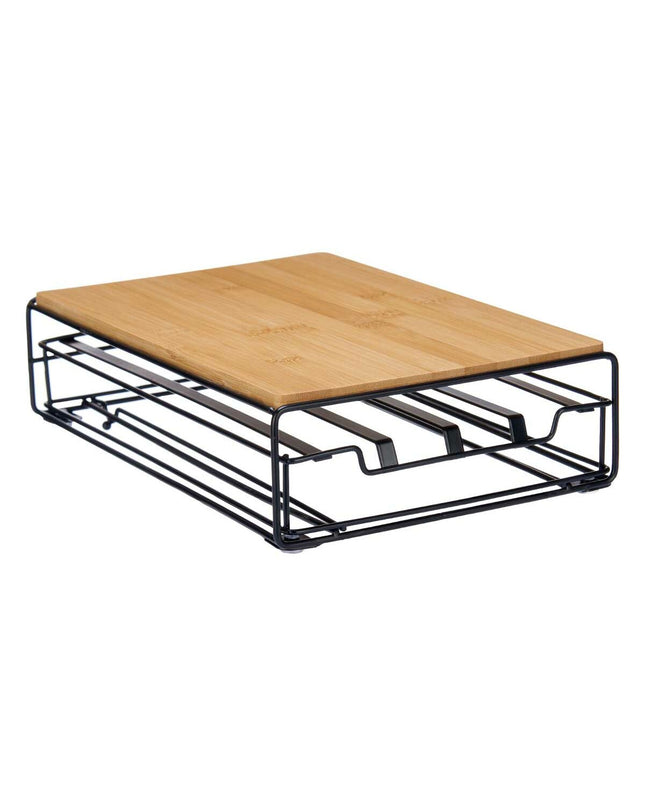 Kinvara coffee capsule organizer in natural bamboo and metal, compact storage for coffee and tea capsules in modern kitchen.