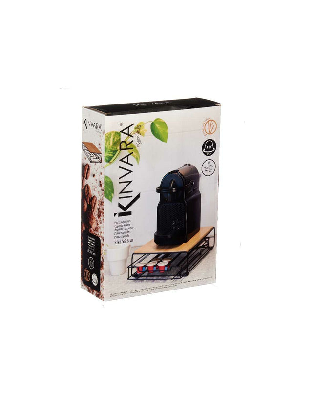 Kinvara coffee capsule organizer in natural bamboo and black metal, compact storage for coffee capsules in a sleek kitchen design.