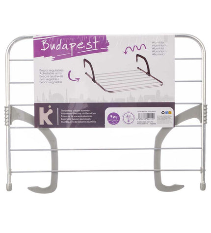 Kipit white and silver aluminum and plastic laundry drying rack with multiple rods for household clothes drying.