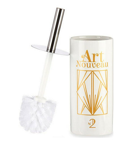 Berilo Art Nouveau toilet brush in white ceramic with gold and silver accents, 9.6 x 32 x 9.6 cm, in bathroom setting