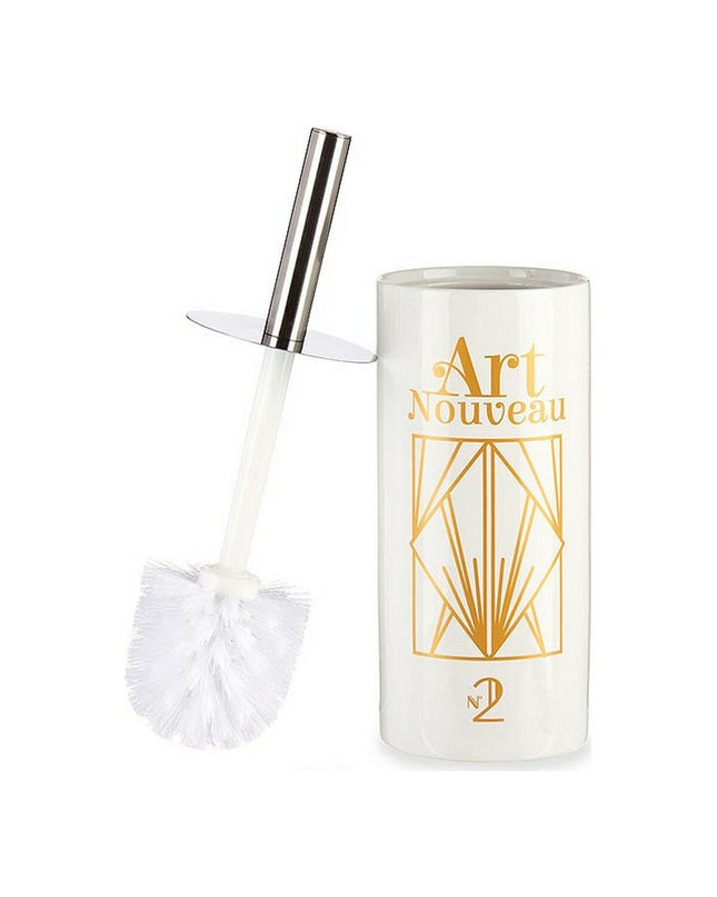Berilo Art Nouveau toilet brush in white ceramic with gold and silver accents, 9.6 x 32 x 9.6 cm, in bathroom setting