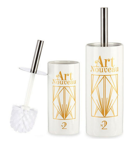 Berilo Art Nouveau white and gold ceramic toilet brush with silver accents, 9.6 x 32 x 9.6 cm, suitable for bathroom decor.