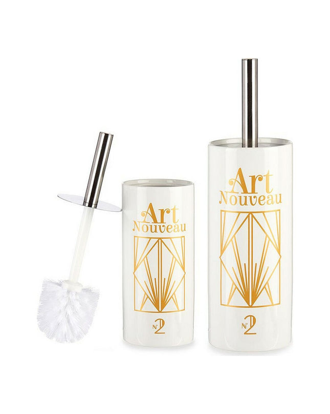 Berilo Art Nouveau white and gold ceramic toilet brush with silver accents, 9.6 x 32 x 9.6 cm, suitable for bathroom decor.